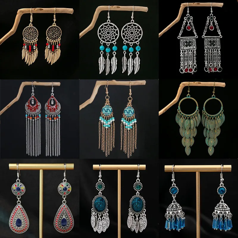 Ethnic Boho Turquoise Earrings For Women Bohemian Retro Hollow Flower Round Geometric Vintage Drop Dangle Earrings Jewelry