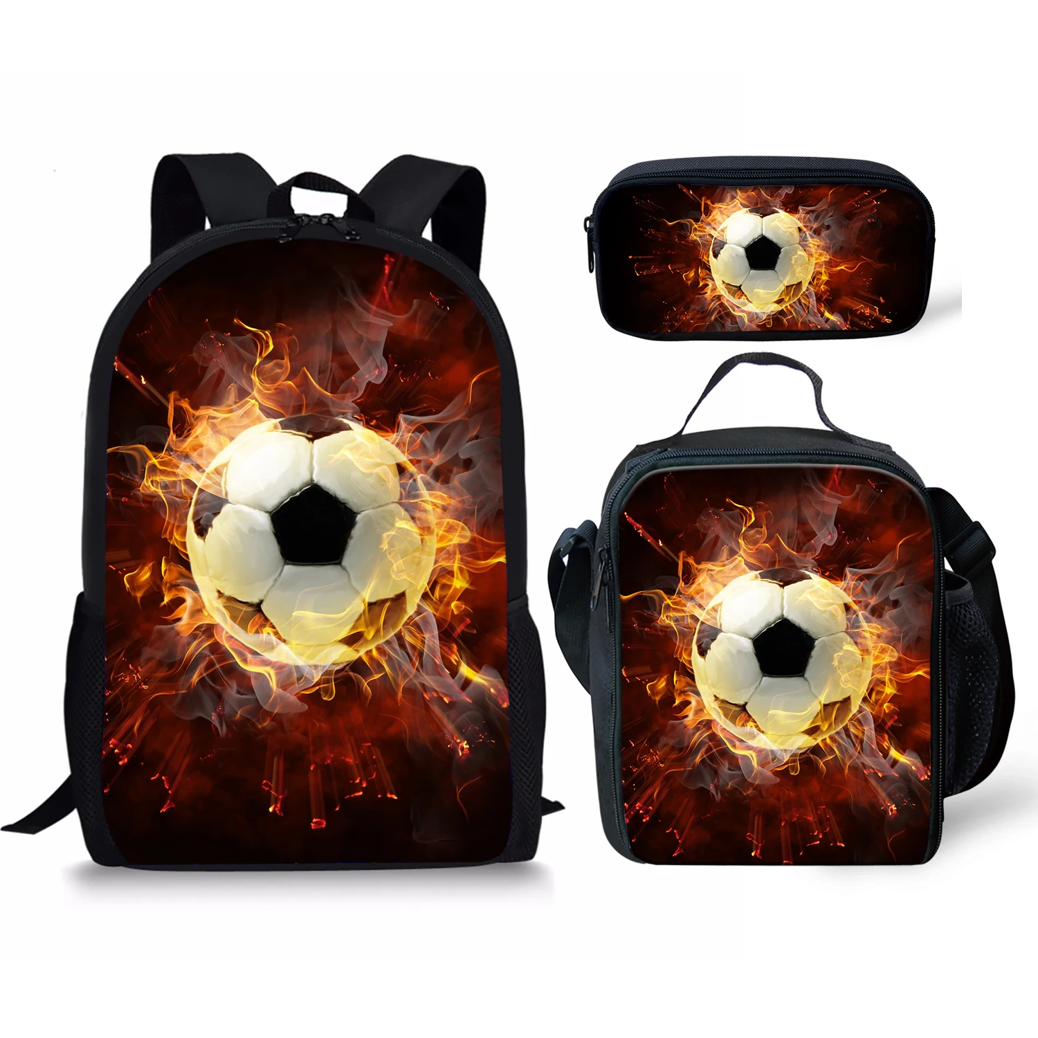 Trendy Creative Novelty Funny Sports Football Print 3pcs/Set Pupil School Bag Soccer Daypack Kids Backpack Lunch Bag Pencil Case