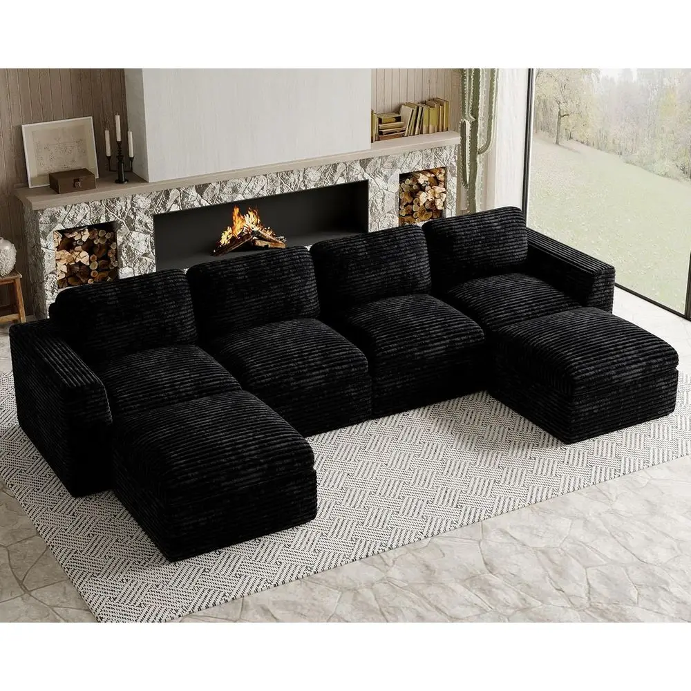 

Plush Corduroy Sectional Sofa with Deep Seating in Black