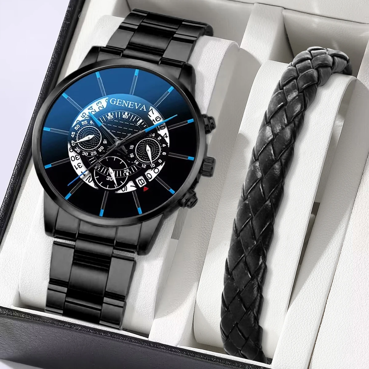 2 pçs Steel strip watch for men, three eye six pin night light watch, European and American calendar, quartz watch