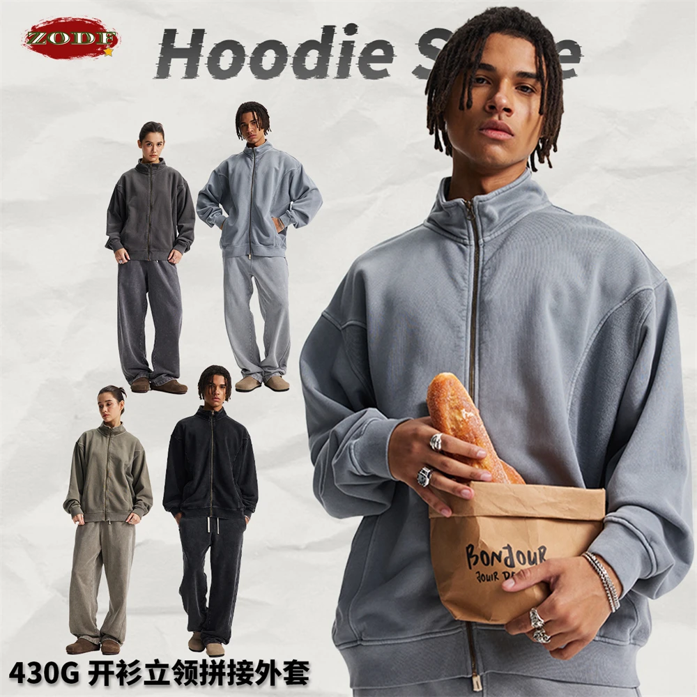 ZODF Vintage Winter Man 430gsm Washed Zipper Sweatshirts Unisex 100% Cotton Patchwork Stand Collar Zip-up Jacket Coats HY1133