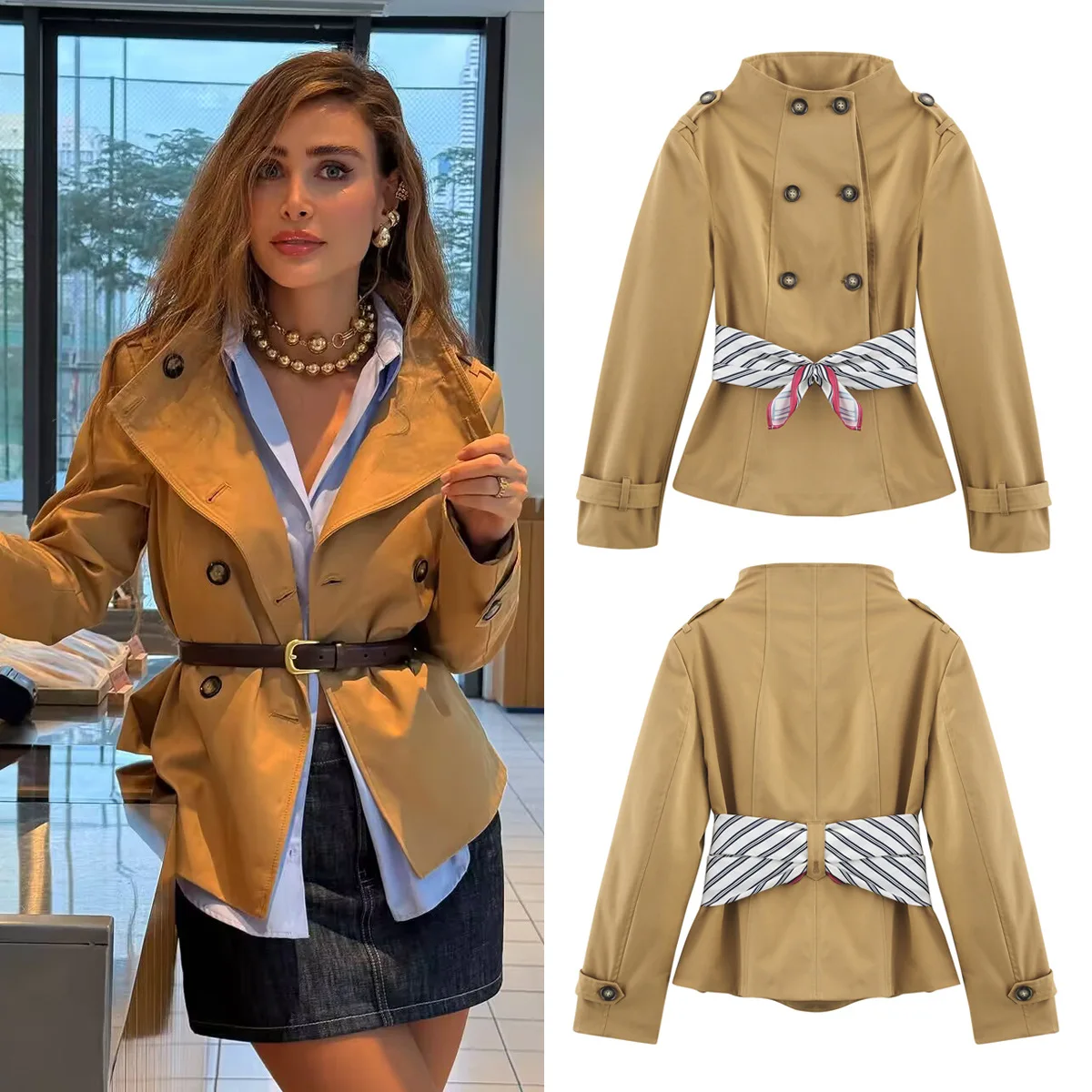 

Women's Autumn Printed Thin Silk Scarf Waistband Jacket Office Lady Double Breasted Short Trench Coat Female Clothes Trench Coat