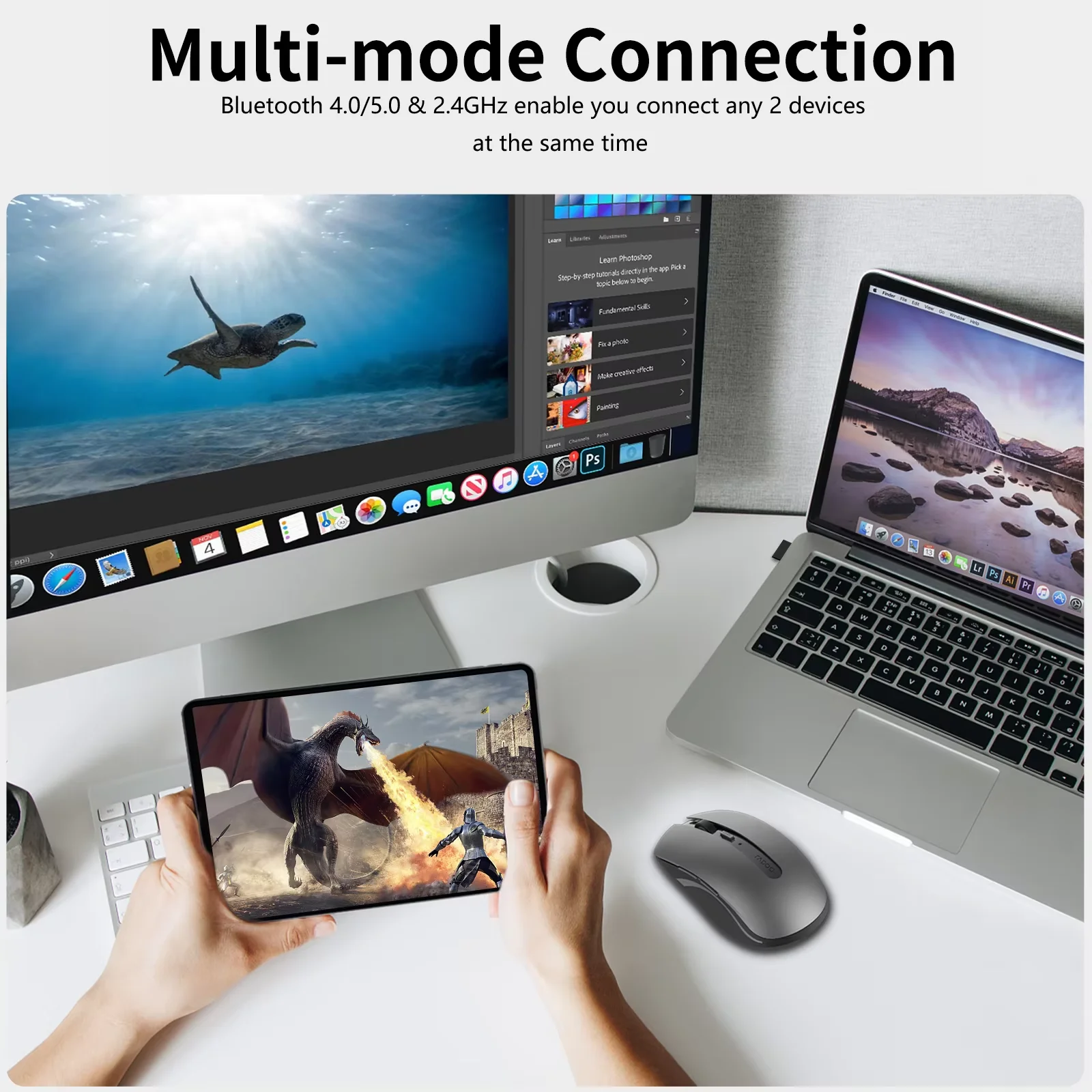 Rapoo M350G Multi-Mode Wireless Mouse Bluetooth 4.0/5.0 Ergonomic 2400 DPI  Mute Mouse For Computer Tablet Laptop PC 2.4G Mice