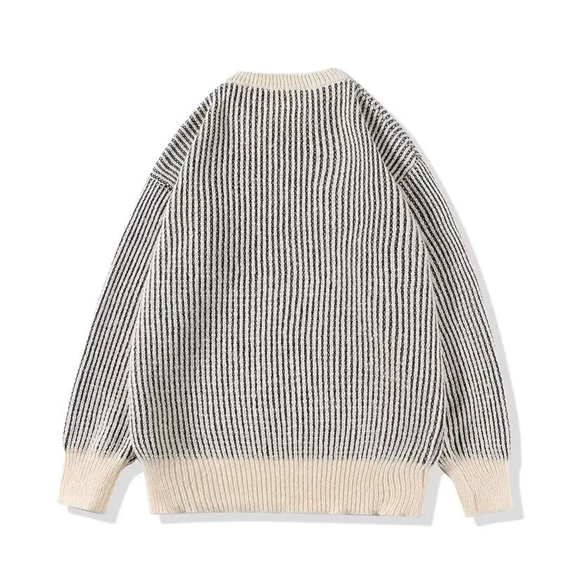 

Japanese High Street Striped Sweater Men's Retro Personali Faion Match Lazy Sle Loose round Ne Warm Knitted Sweater