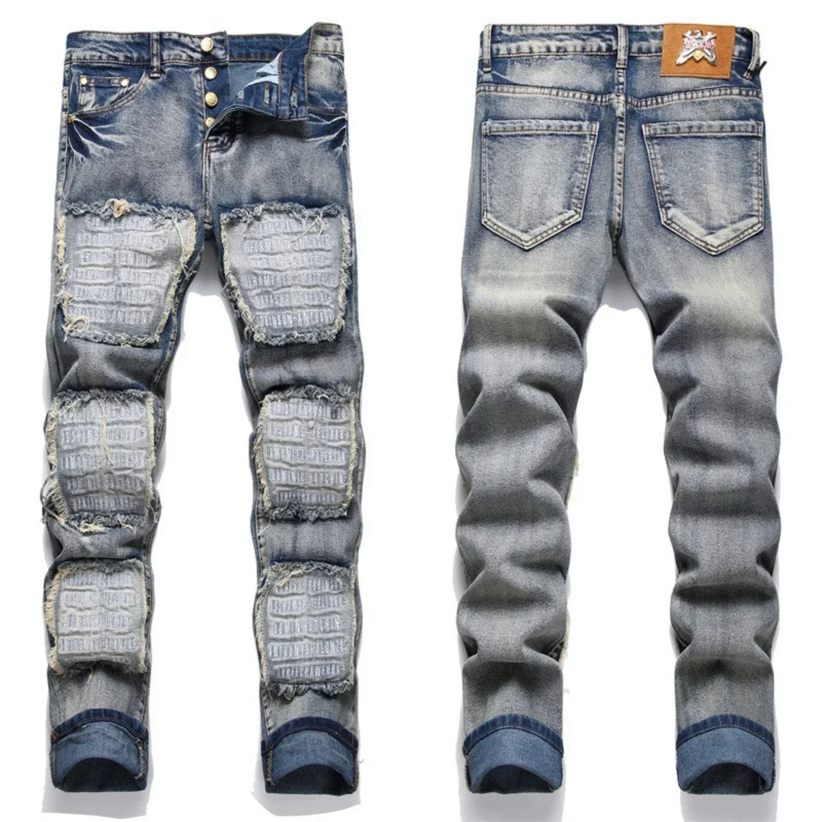 Herren perforierte Jeans 3d innere Stickerei Reiß verschluss gebleicht Slim Fit Strumpfhosen hochela tischen Reiß verschluss Trend Katze Bart Farbverlauf 2024