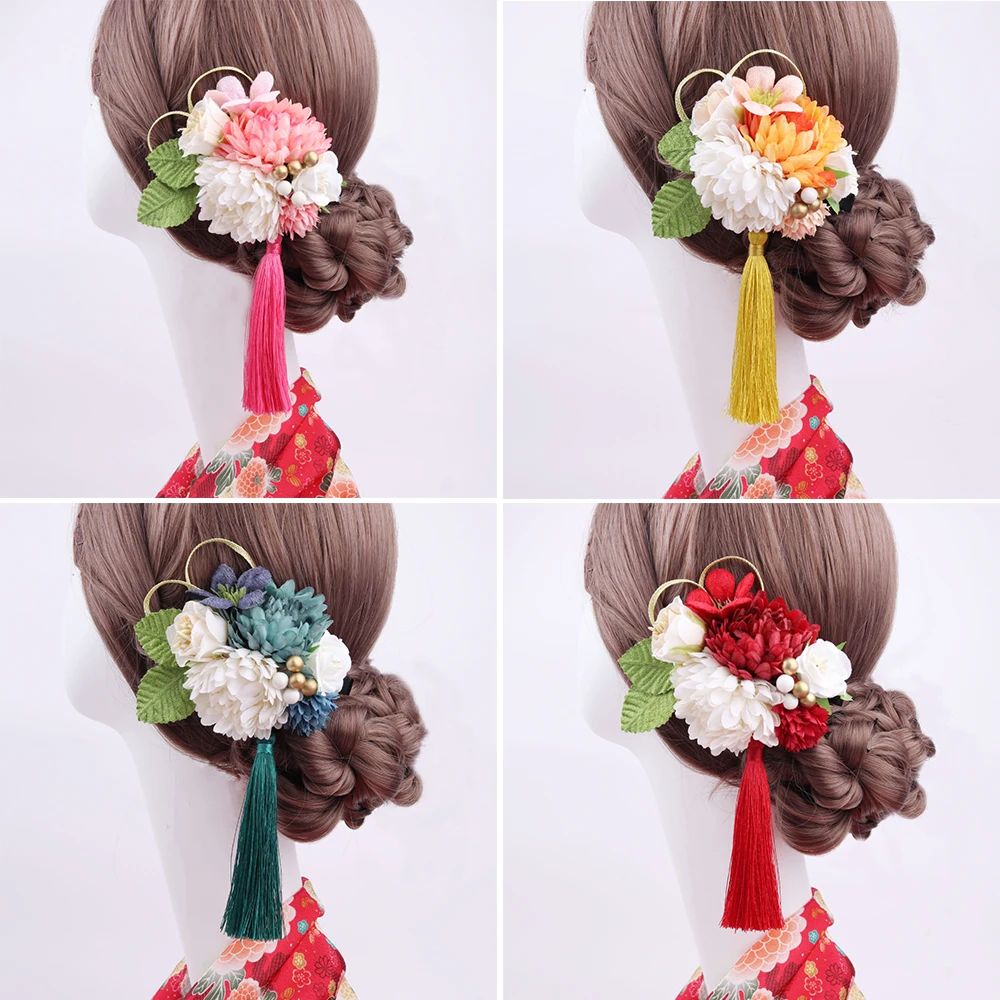 Kimono japonais fait à la main en tissu fleur, accessoires pour cheveux, pince à pompon, épingle à cheveux, Barrette de coiffure, fête d'été, Yukata Festvial Deco