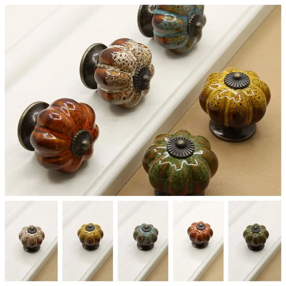 Retro Single Hole Ceramic Pumpkin Handle Leopard Pattern European Style Cabinet Knob Vintage Round Drawer Knobs Cupboard