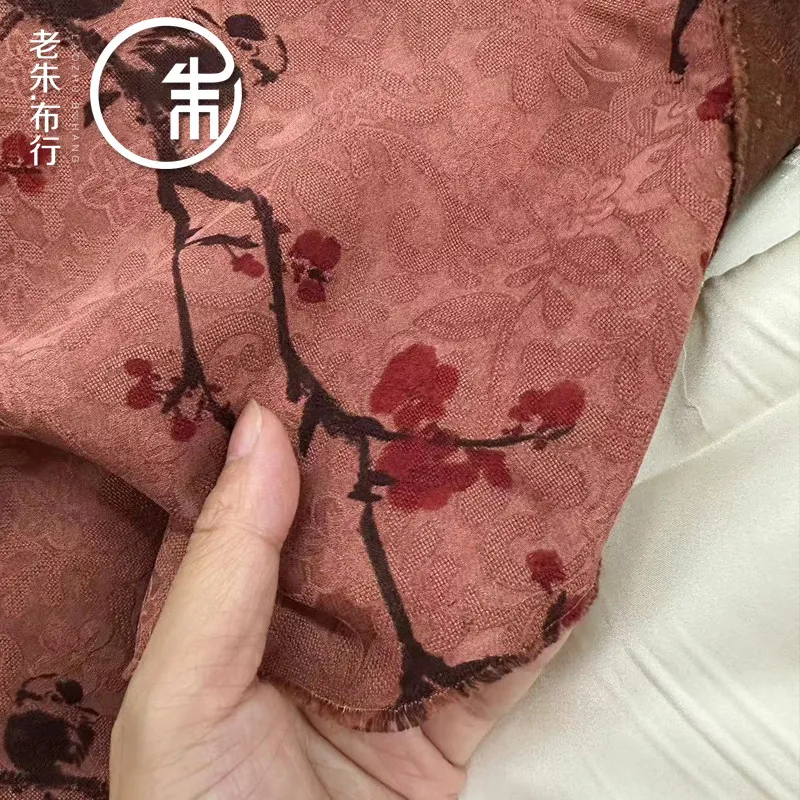 Root Pink Background, with Patterns of Plum Blossoms Silk Flower Radish Fragrant Cloud Yarn Fabric 30 Momme Cheongsam Dress