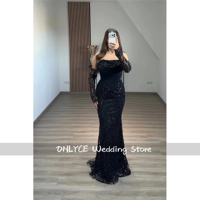 Customized Shiny Sequin Sleeve cover robes de soirée Strapless Backless Prom Dress Mermaid Formal events dresses 2025