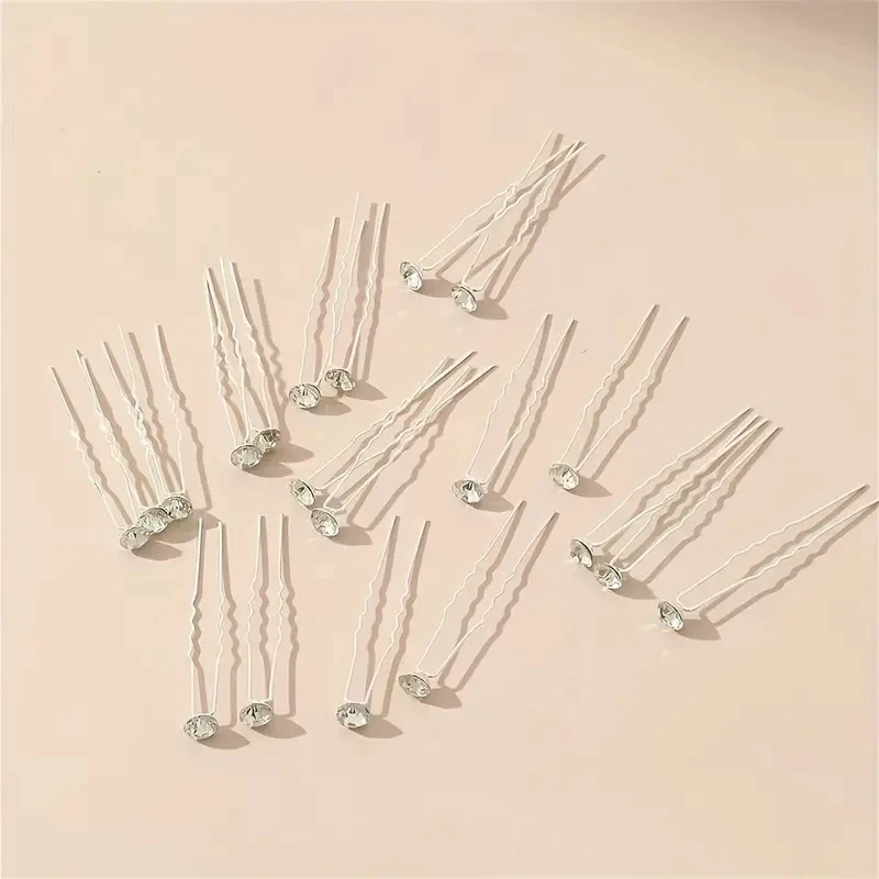 20 Pcs/Set Bridal Headwear Pins Luxurious Diamond Inlaid Rhinestone Hairpin Fashionable Sweet U-shaped Curly Hair Fork Hair Clip