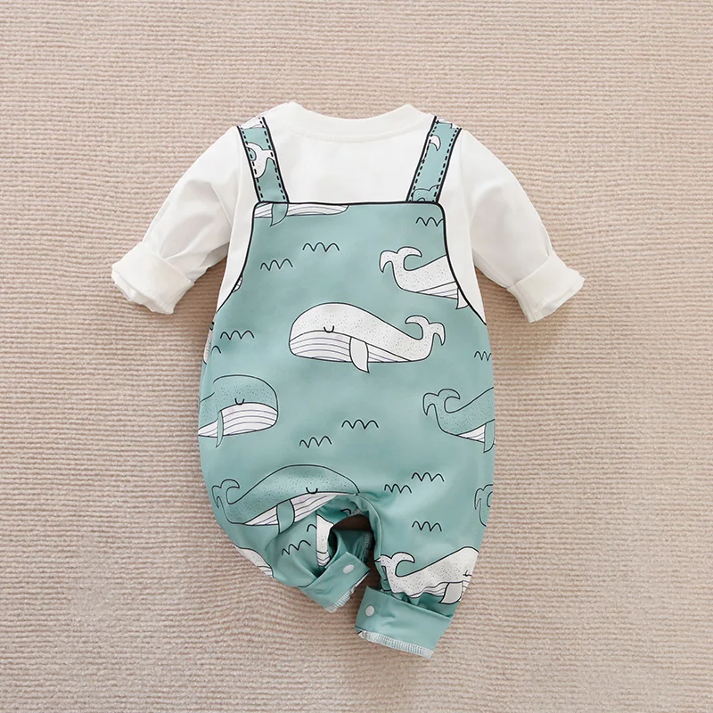 Spring And Autumn Boys And Girls Cute Cartoon Strap Whale Print Comfortable Casual Long Sleeve Baby Bodysuit