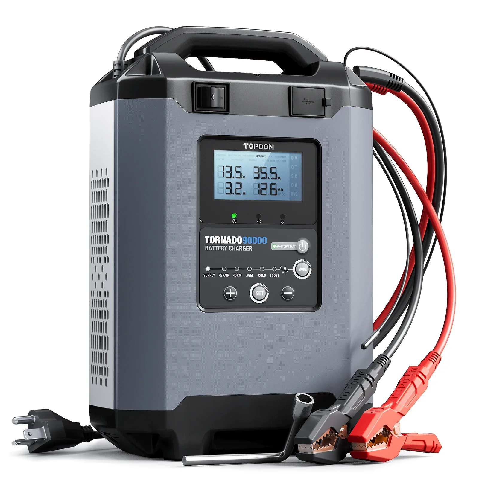 TOPDON T90A Professional 24 Volt 30 Amp12V 24V Lead-Acid Batteries With Current/Voltage Edit Function Smart Car Battery Charger