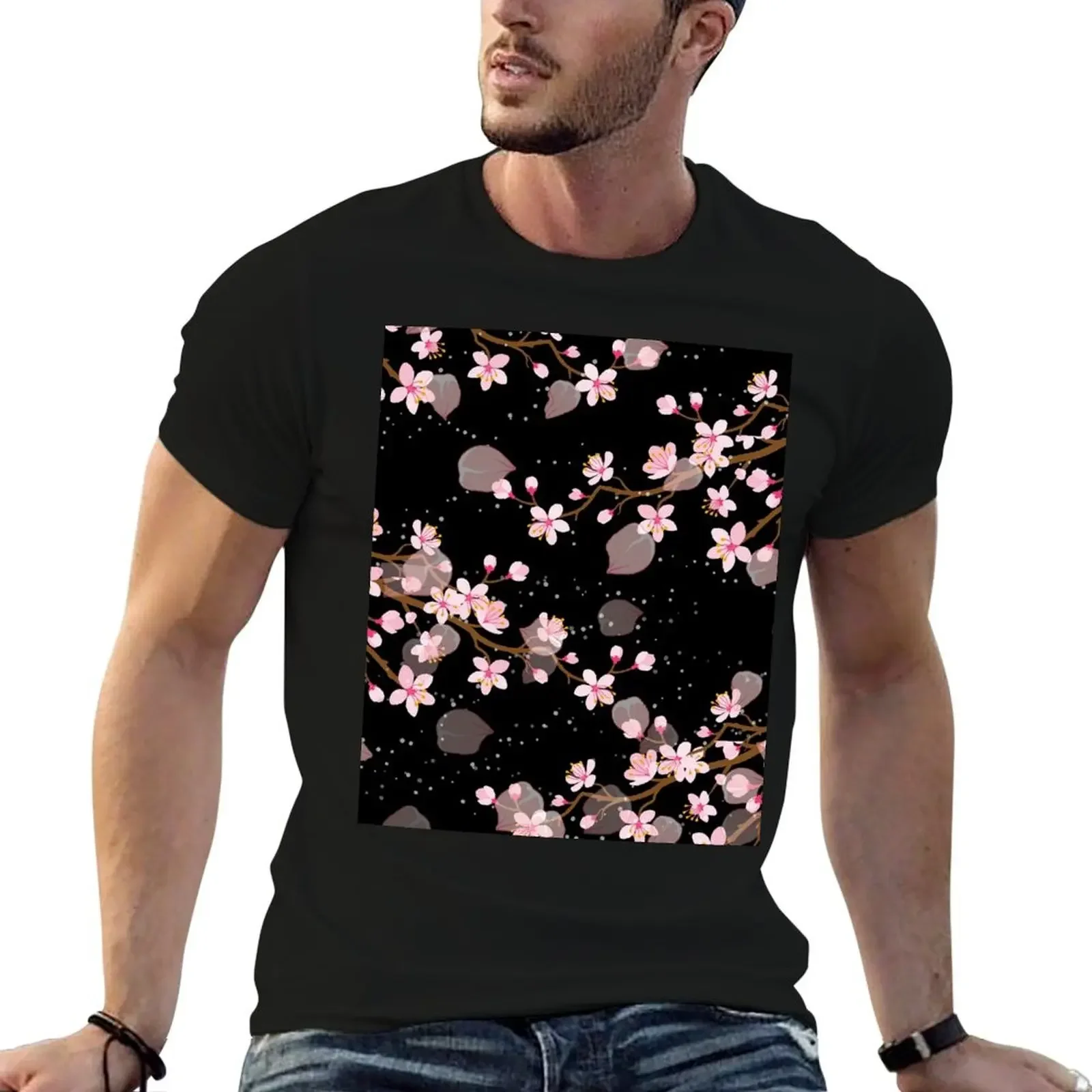 White and Pink Japanese Cherry Blossom Floral Seamless Repetition pattern on Black T-Shirt