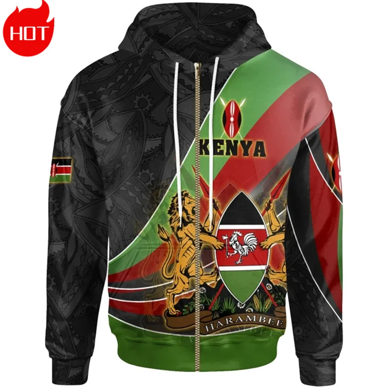 3D The Republic-of Kenya Ethnic Emblem Printing Zip Up Hoodies Kenya Flag Map Graphic Zipper Sweatshirts Fashion Mens Clothing