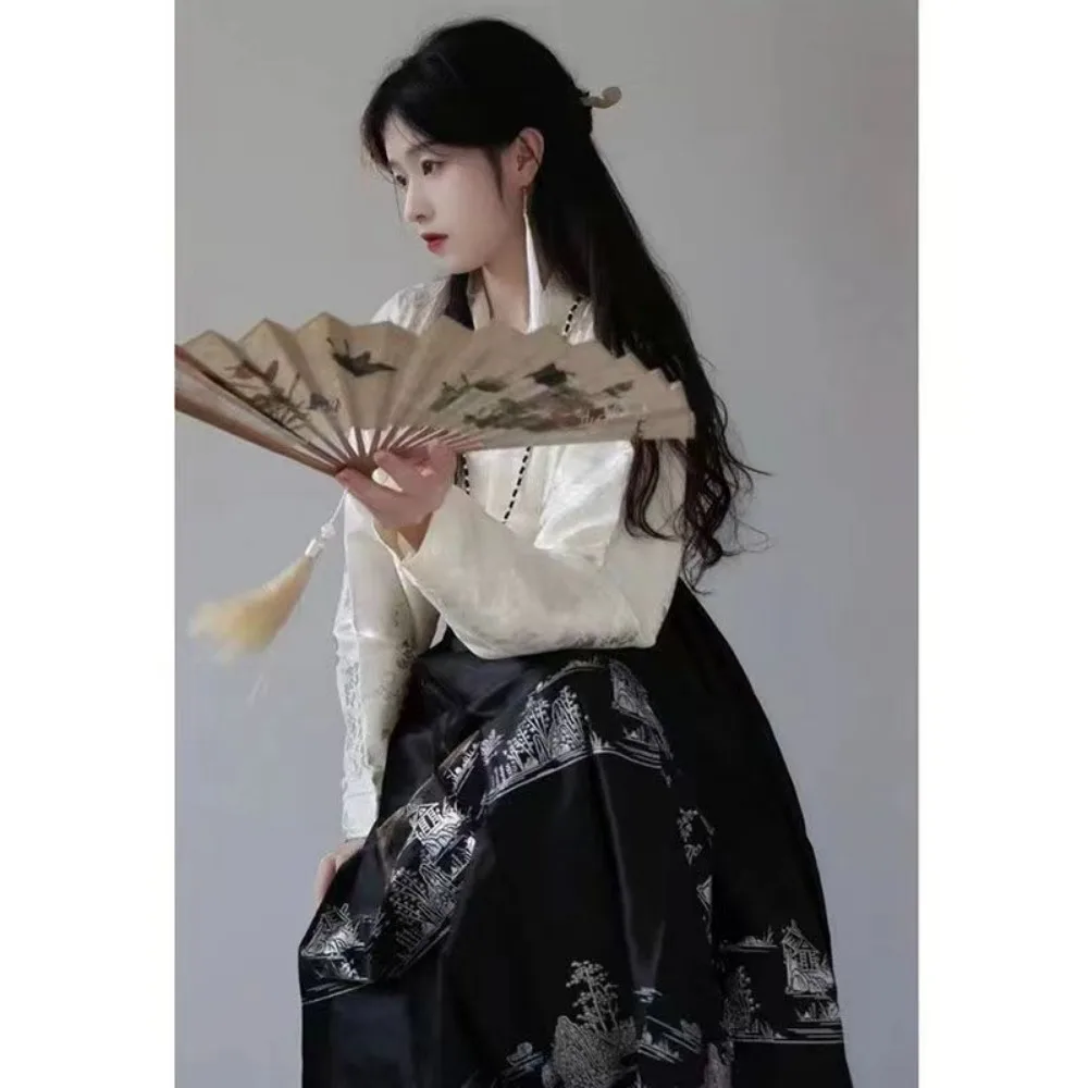 Costume Hanfu original de la dynastie Ming, ensemble de jupe visage de cheval doré, costume chinois de style moderne, robe en émail Mamianqun