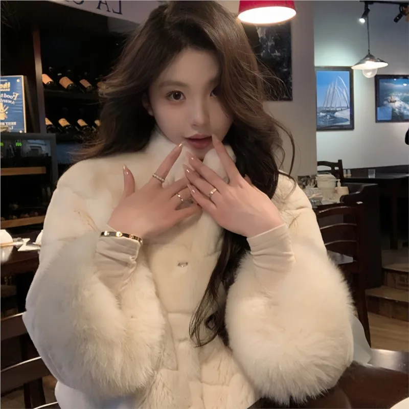 

New fur and blend coat for women short stand-up collar light style