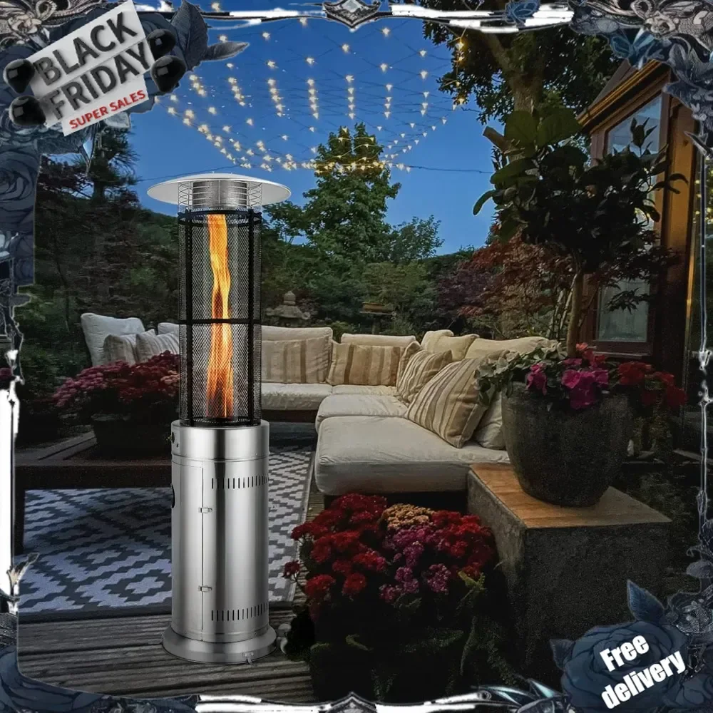 

Outdoor Propane Patio Heater, 40,000 BTU Propane Heater with Dancing Flame, Portable Wheels, Stainless Steel Pyramid