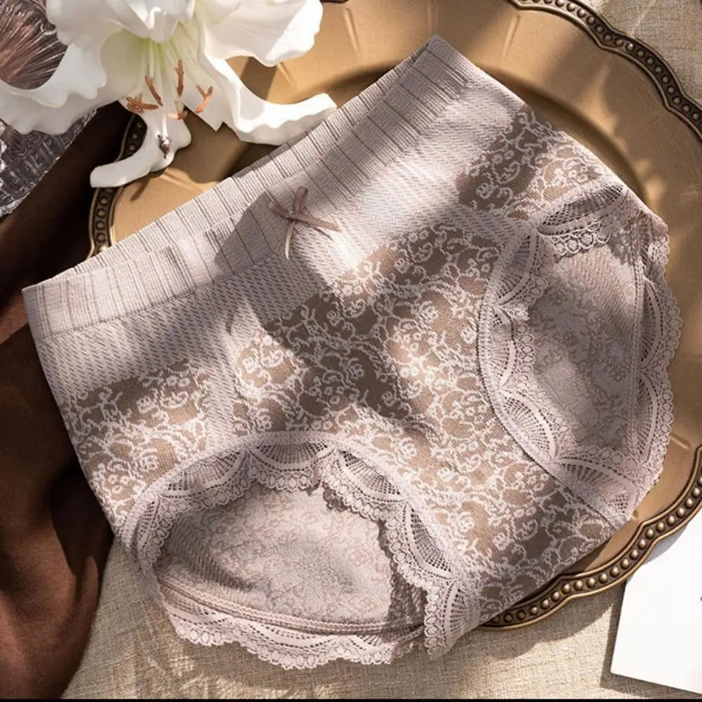 Stretchy Panties Floral Lace High Waist Tummy Control Panties for Women Postpartum Bow Decor Lady with Anti-septic Softness