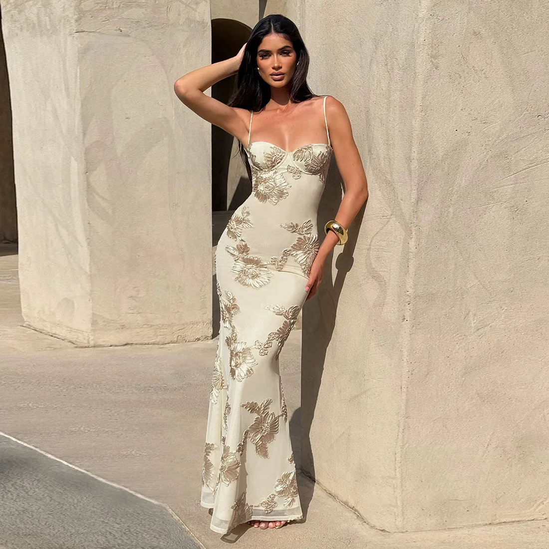 Verão novo estilo moda feminina elegante sexy fino ajuste sem costas gravata vestido longo bodycon cintura alta