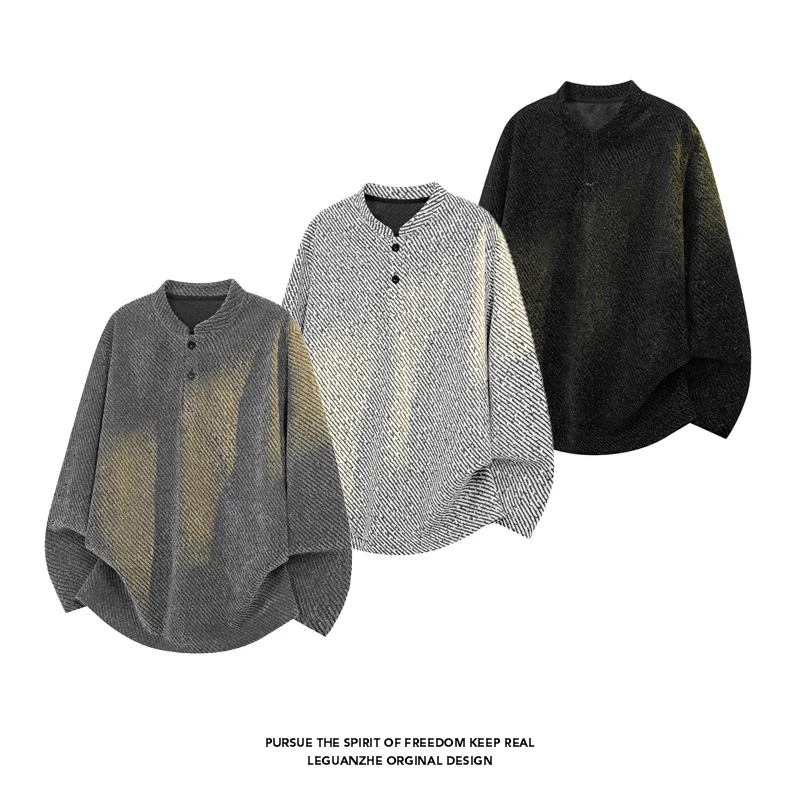 Men Diagonal Stripe Jacquard Long Sleeve Shirt Mandarin Collar Two Button Placket Loose Fit Casual Pullover Top