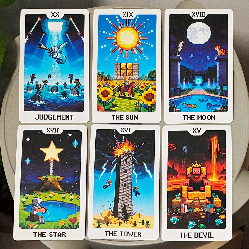Blocks World Tarot - 12*7cm Pixel Art Tarot Deck for Gamers & Collectors, 22 Major Arcana Cards