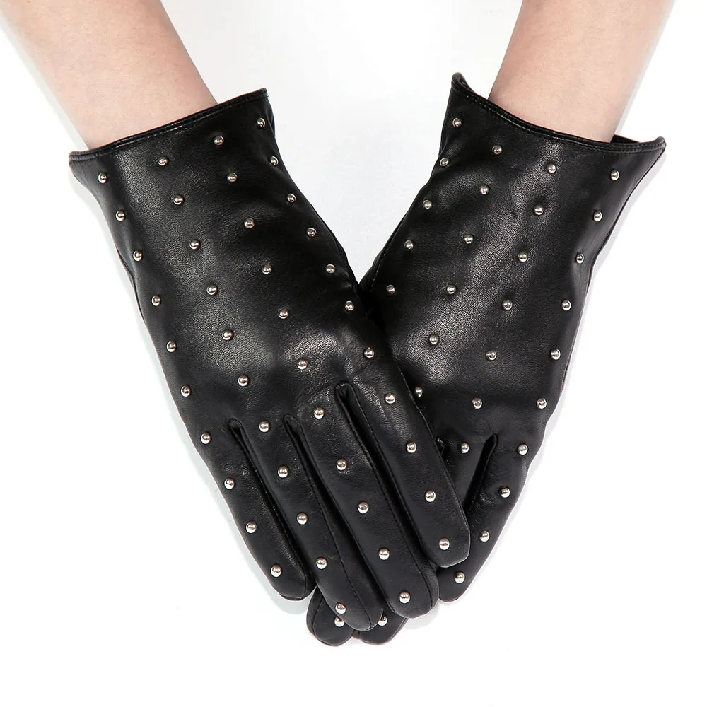 Real Leather Women Gloves Fashion Rivets Thermal Autumn Winter Plus Velvet Thicken Lambskin Driving Gloves Female XC-205