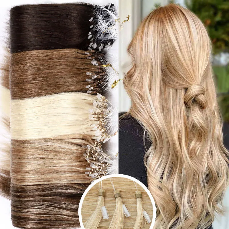 

100% Human Hair Micro Loop Ring Extensions Straight Weft With Small Silicone Tubes For Easy Application Available In 1B/2/4/613