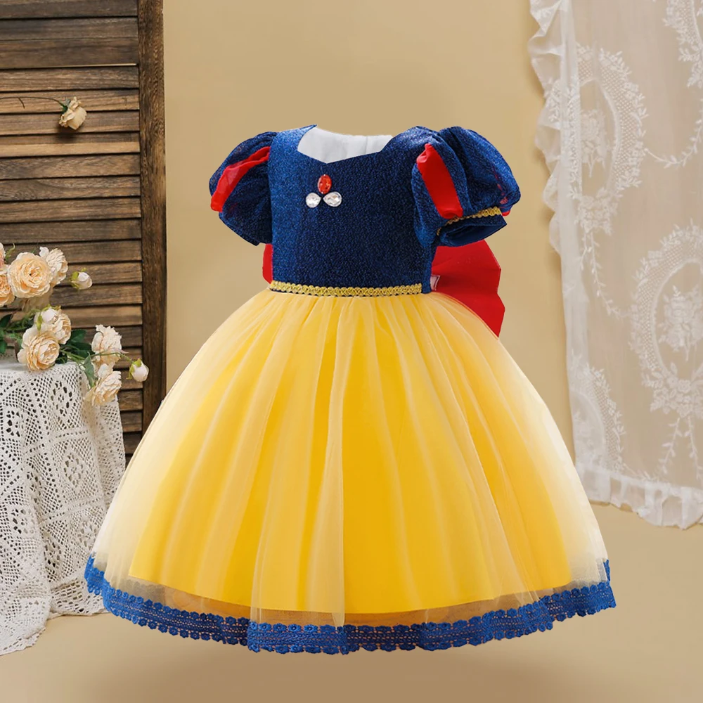 Snow White Princess Dress For Girls Baby Halloween Cosplay Costume Bow Toddler Party Dresses Baby Girl 1st Birthday Wedding Gown
