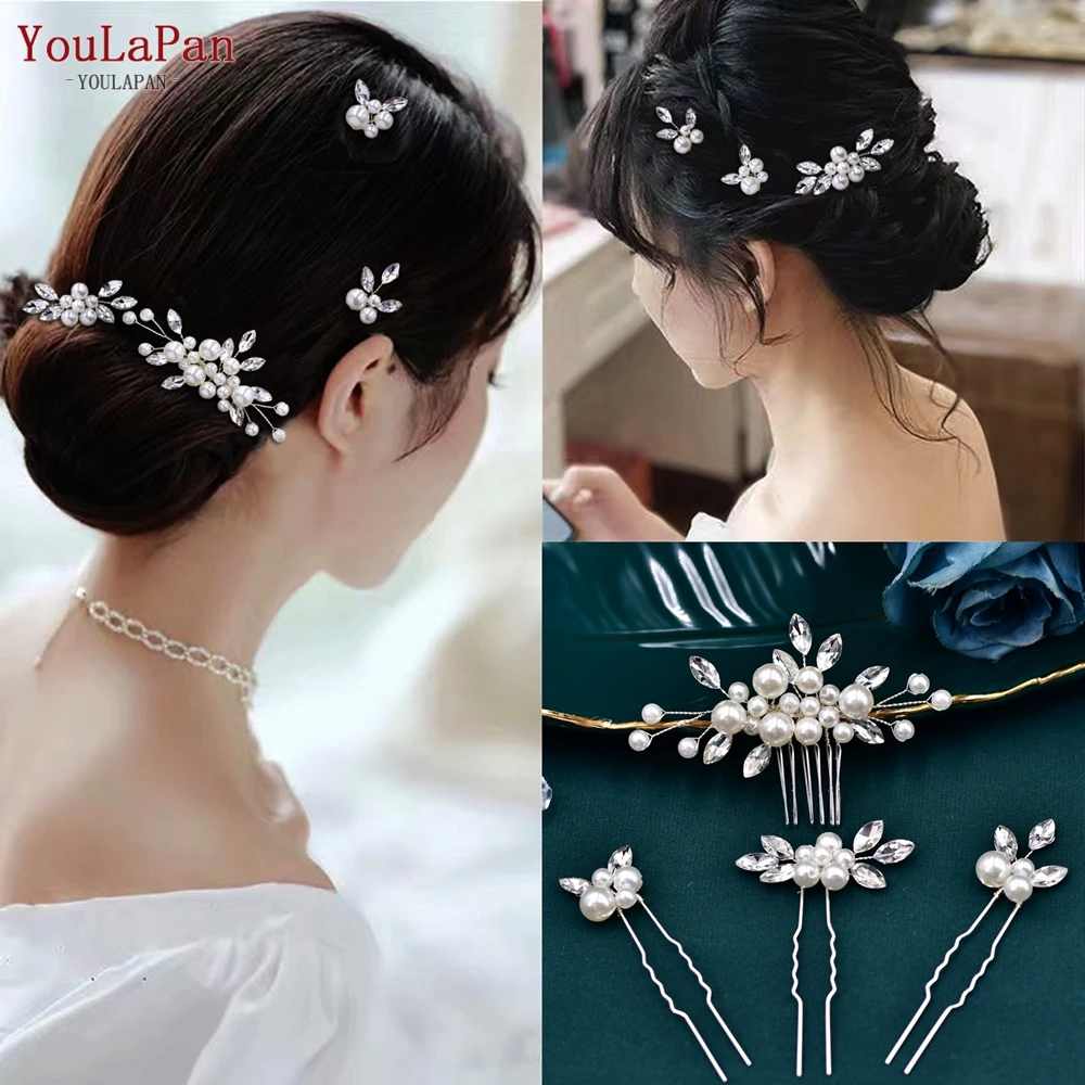 

TOPQUEEN Pearls Hair Comb Bridal Wedding Hairpiece Handmade Beaded Crystal Hairpin Woman Party Rhinestone Headwear Set HP591