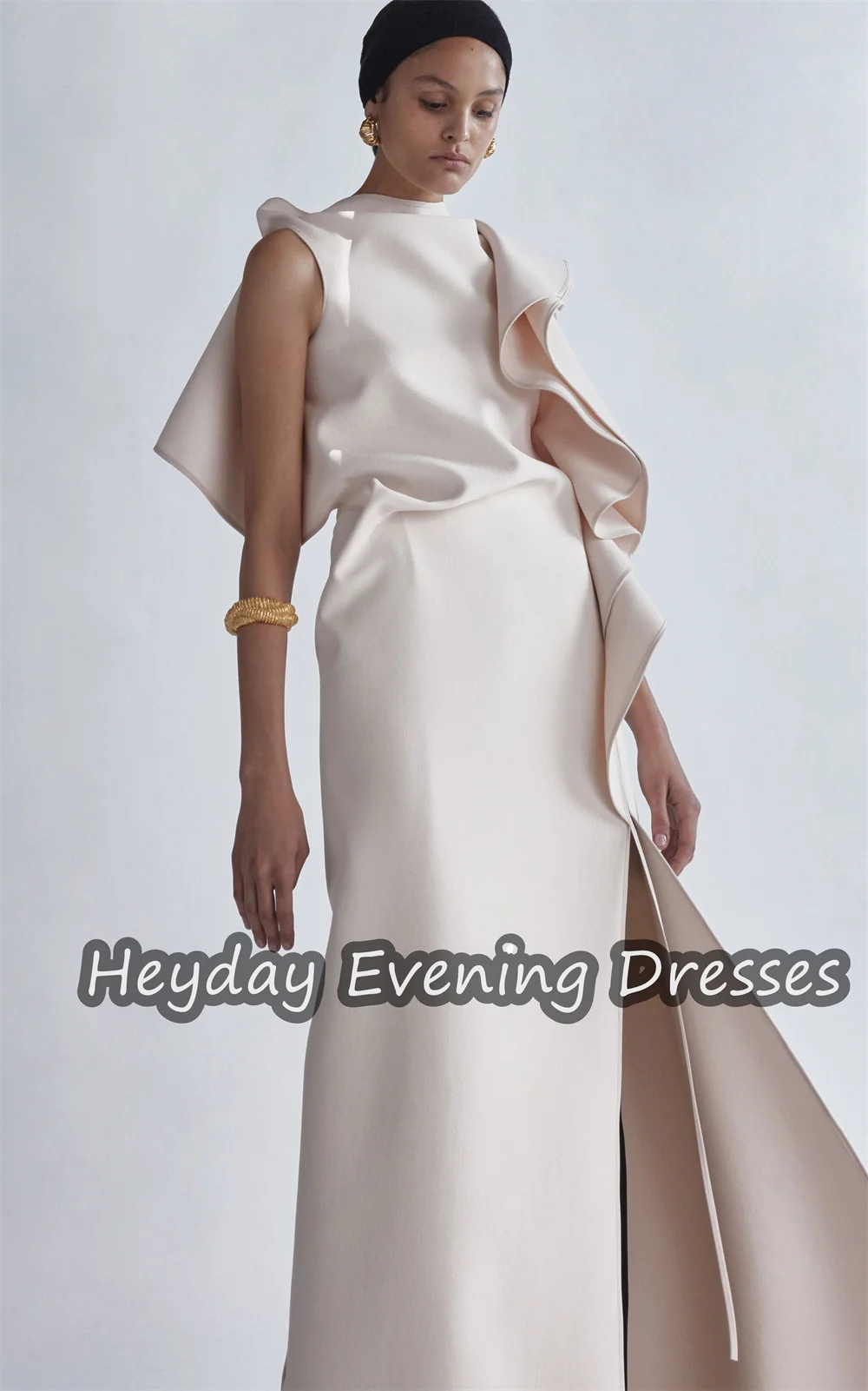 Heyday-Robe de soirée en pansement pour femme, droite, col rond, plis, saoudien, simple, robe de Rh, élégante, longueur au sol en fibre, robes de soirée, 2024