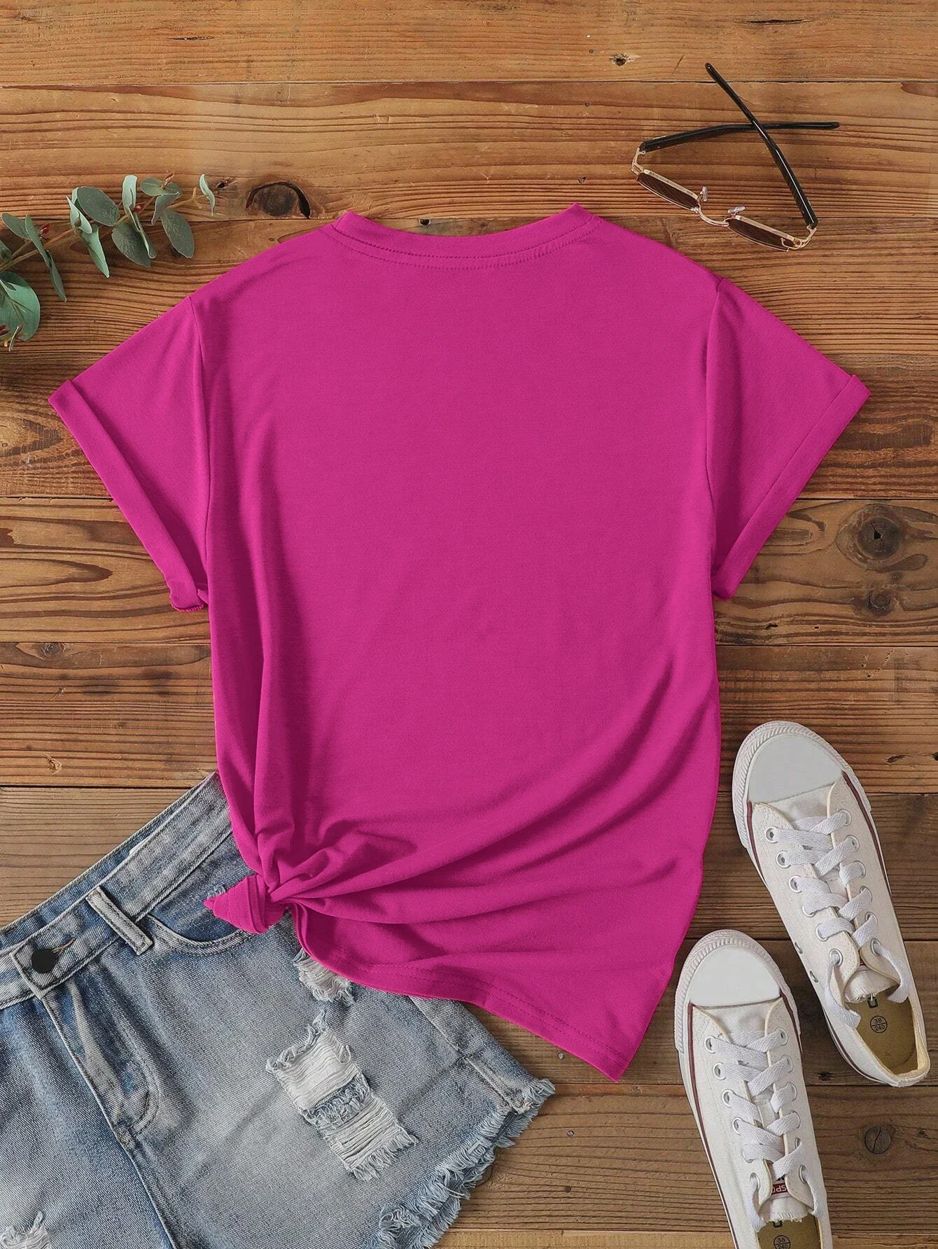 Vibrant Fuchsia Tee with Glittery Bow Print T-shirt Short Sleeve Crew Neck Casual Top For Summer & Spring Women\'s Clothing