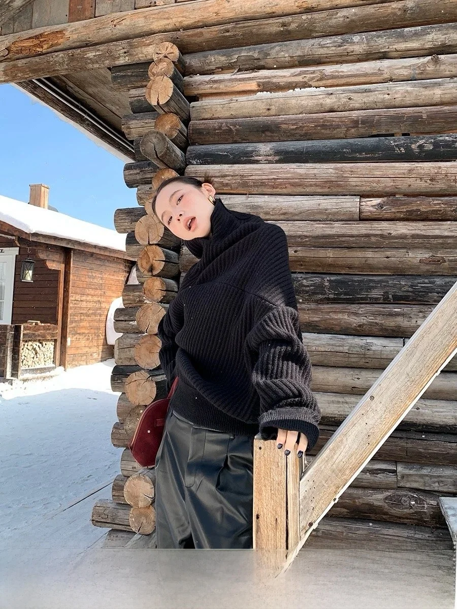 

High Ne Long Sve Women's Knitted Sweater Slim Fit Casual Sle F380 Asymmetrical Design Autumn Winter New Arrival