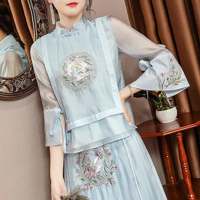 Vintage Women Tang Suit Chinese Bridesmaid Wedding Dress Set Embroidery Flower Shirt&Skirt 2PCS Hanfu Traditional Party Gown