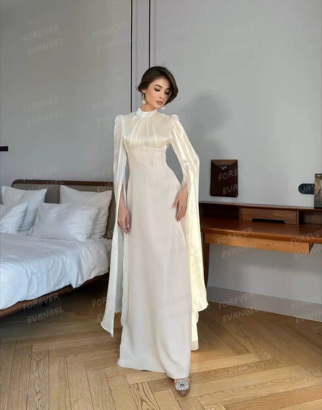 فساتين زفاف بسيطة للنساء فساتين عروس حورية البحر رسمية برقبة عالية وأكمام طويلة للحفلات مخصصة من الساتان فيستدوس دي نوفيا غالا