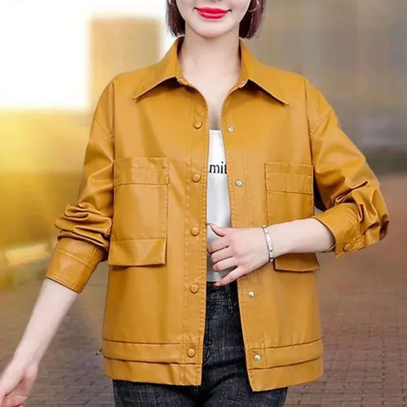 Short PU Leather Jacket NEW Autumn Black Yellow Leather Coat Women All-match Button Outwear Female Korean Loose Casual Tops 4XL