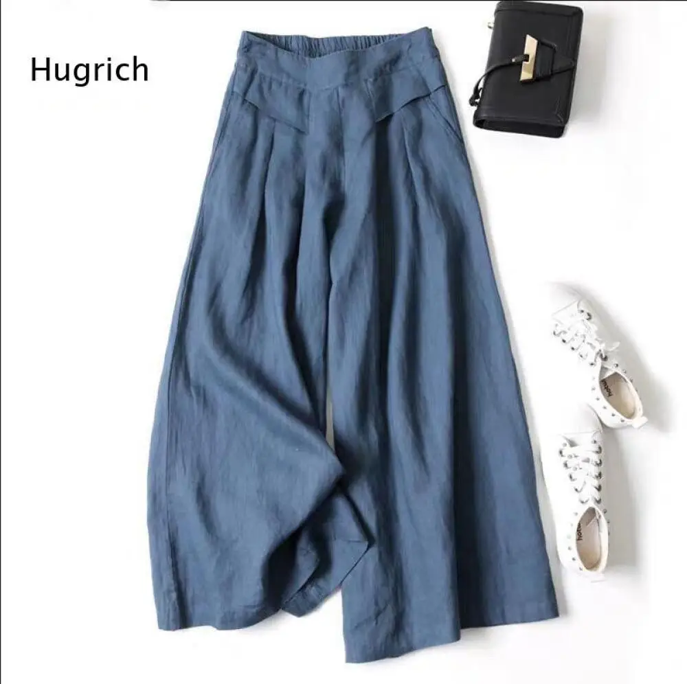 Ladies Daily Casual Wide Leg Trousers Solid Tone Pleated Front Elastic Waist Relaxed Fit Long Pants With Functional Pockets