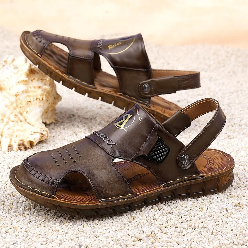 Summer Leather Retro Hollow Beef Tendon Sole Outdoor Beach Men\'s Sandals Designer New Casual Soft Sole Indoor Man Slippers