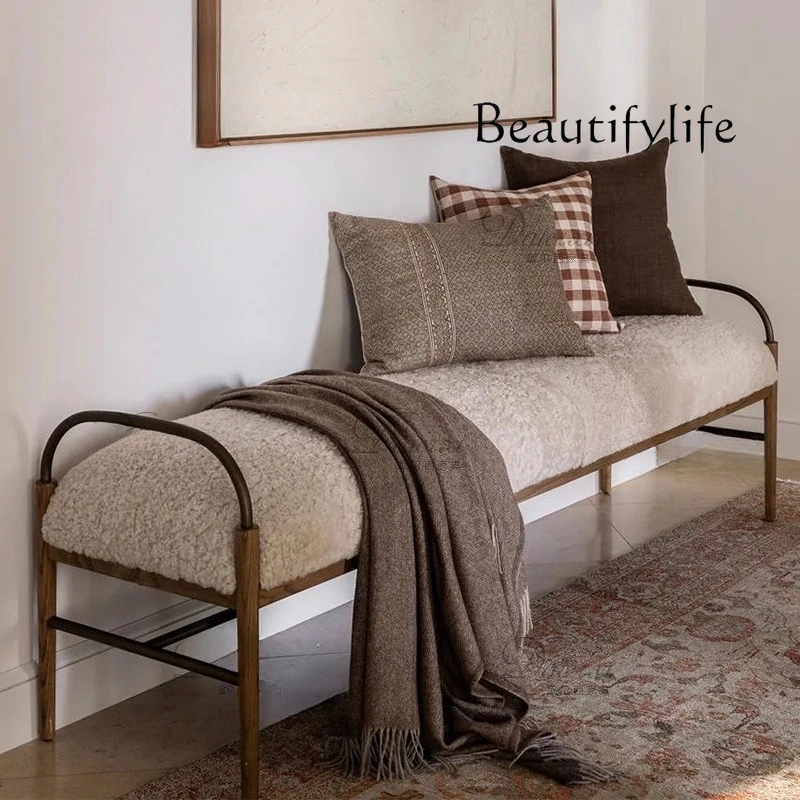 

French log style old lamb wool shoe changing stool retro pastoral style bedside stool bench