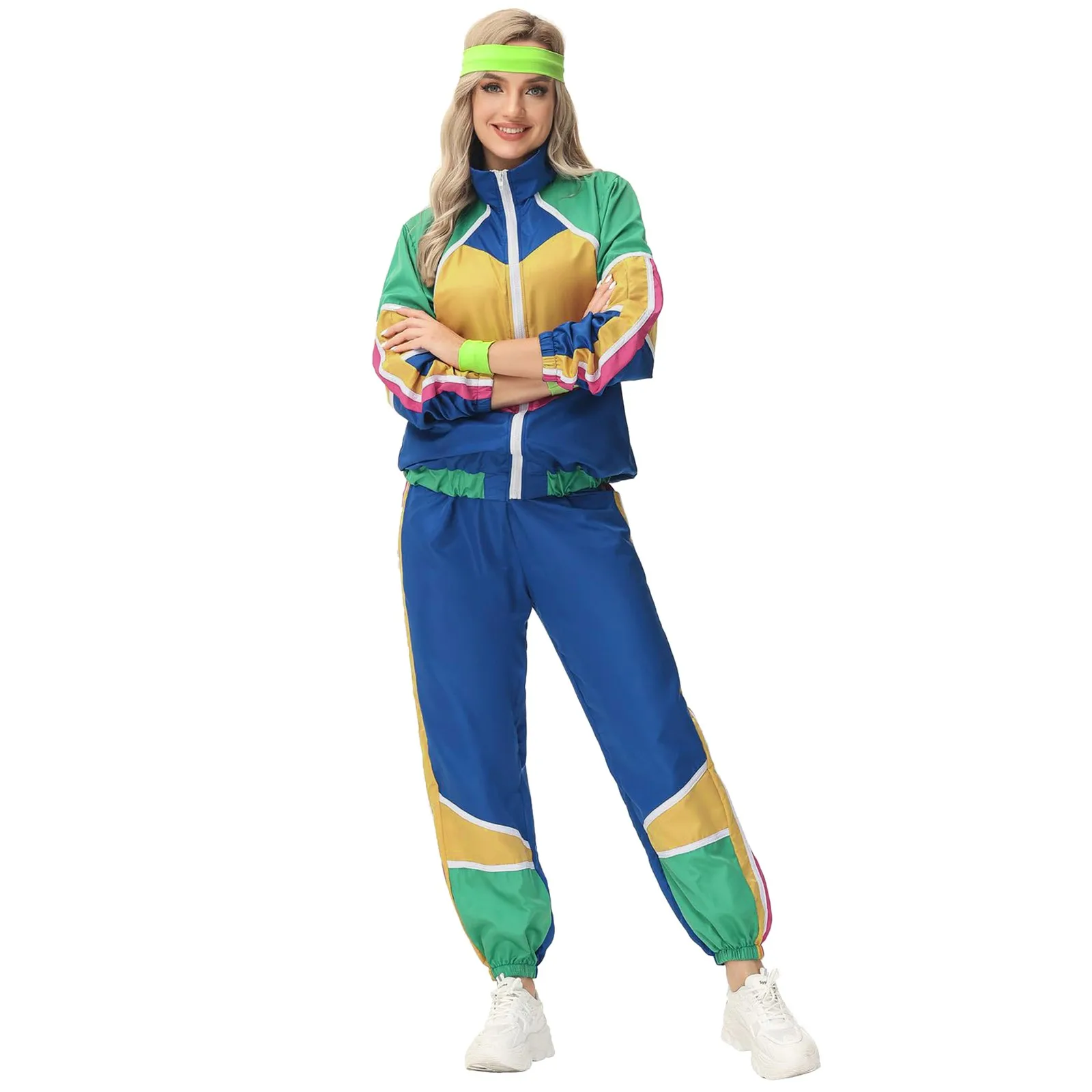 Adult Women And Man 80s Retro Style Hip Hop Windbreaker Disco Tracksuit Two Piece Set Colorblock Long Sleeve Tops And Pants Suit