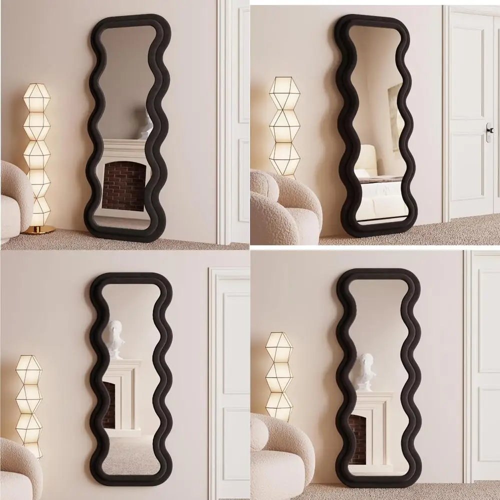 Full Length 63 x 24 Wall Mirror - Flannel Wrapped Wooden Frame Floor Leaning Mirror with Irregular Wavy Design