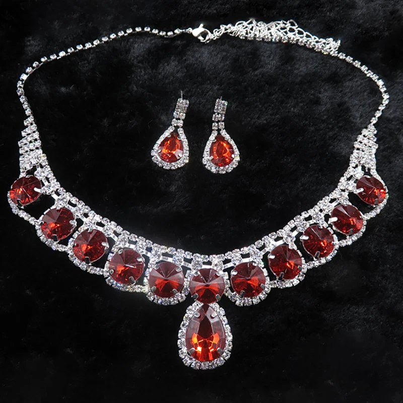 Fashion Red Crystal Women Prom Wedding Jewelry Set Decorations Rhinestone Tassel Necklace Earrings Bridal Jewelry Set