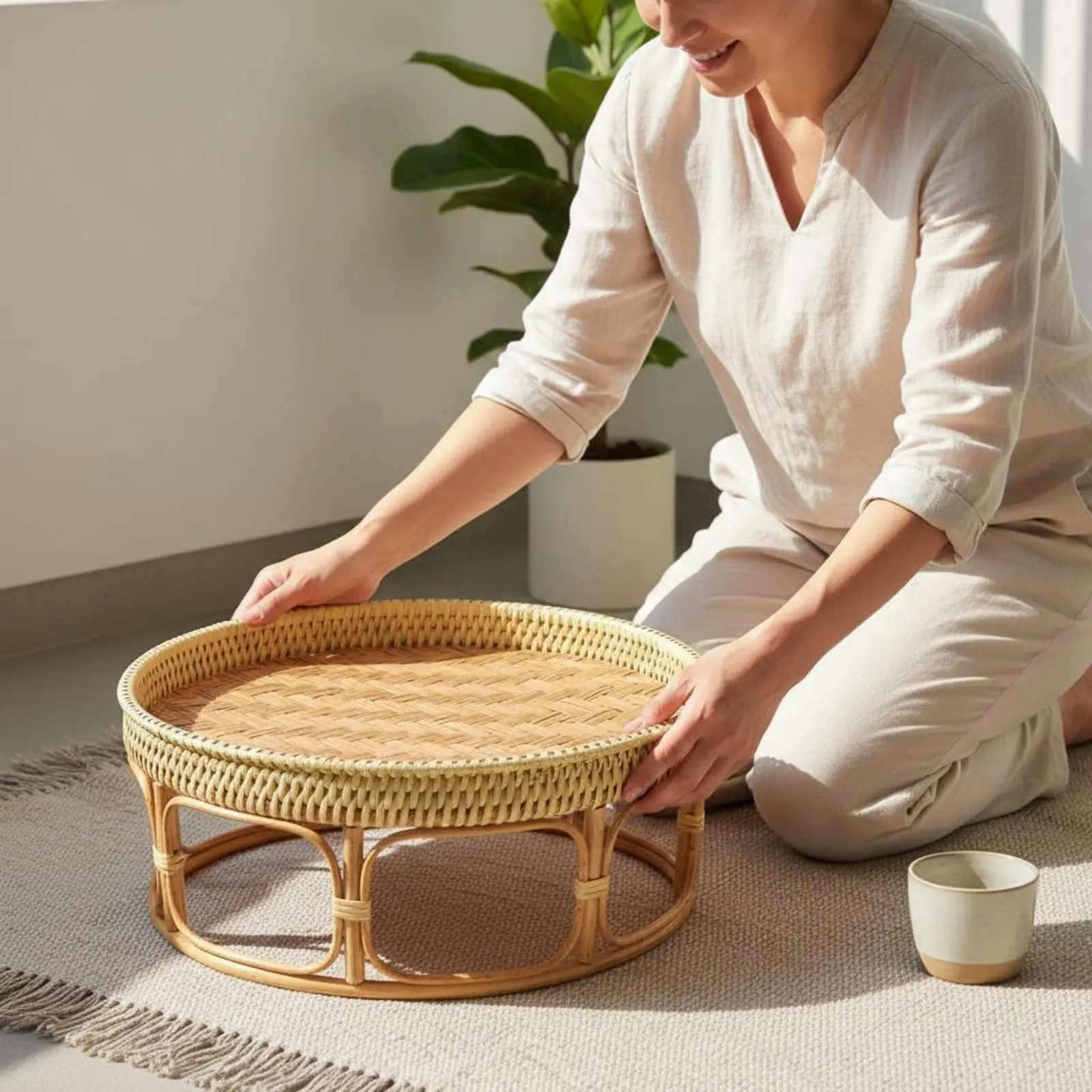 

Rattan Tea Table Handmade Picnic Tea Table Household Furniture Indoor Décor Natural Decor for Outdoor