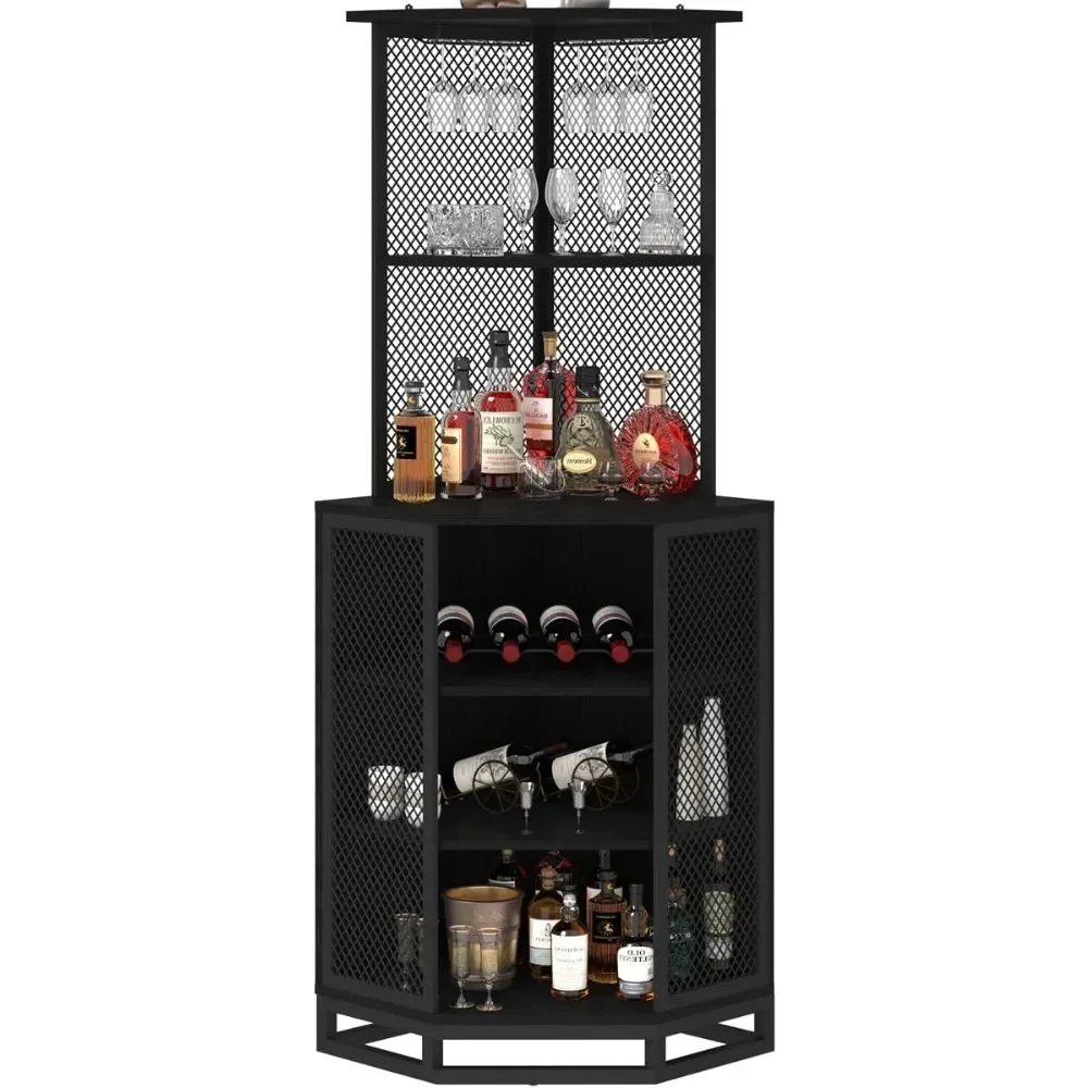 Corner Bar Cabinet, 5 Tier Corner Bar Cabinet for Liquor with Glass Holder, Industrial Tall Liquor Cabinet with Adjustble Shelf