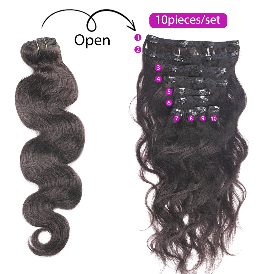 Extensions de cheveux Body Wave à clipser, 240 cheveux humains, double trame, invisibles, sans couture, haute qualité, noir naturel, 100% g