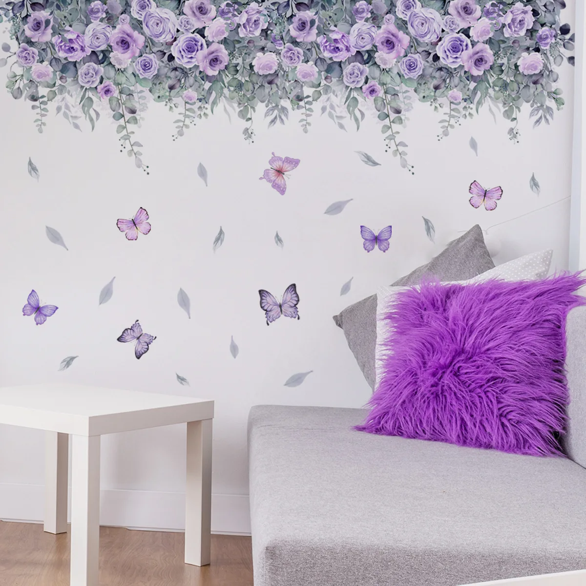 Purple Flower Wall Stickers Self Adhesive Forest Butterfly Decals Nordic Art Murals Decor for Kids Room Bedroom Home Background