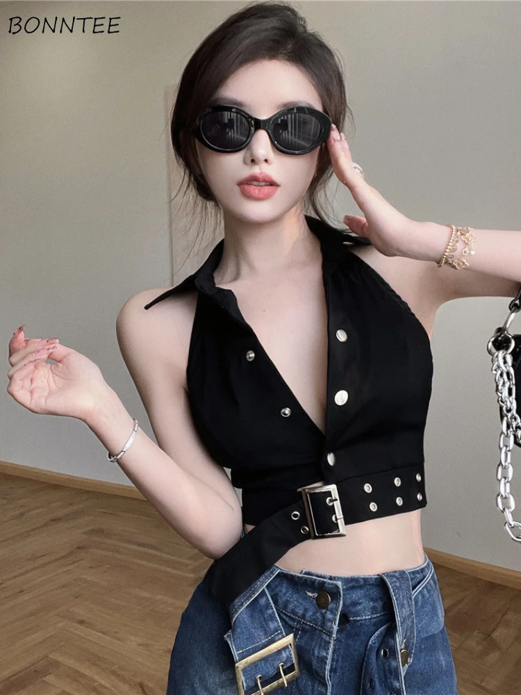 Tanks Women Sexy Club Sashes Retro Elegant Summer Thin All-match Halter Fashion Casual Crop Tops Solid Korean Streetwear