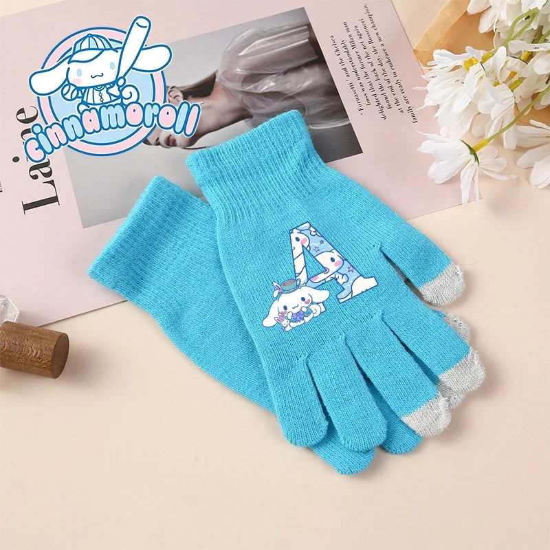 Sanrio Children's Knitted Five Finger Gloves Letter Printing Winter Warmth Cartoon Anime Touchscreen Mittens Fashion Kids Gifts