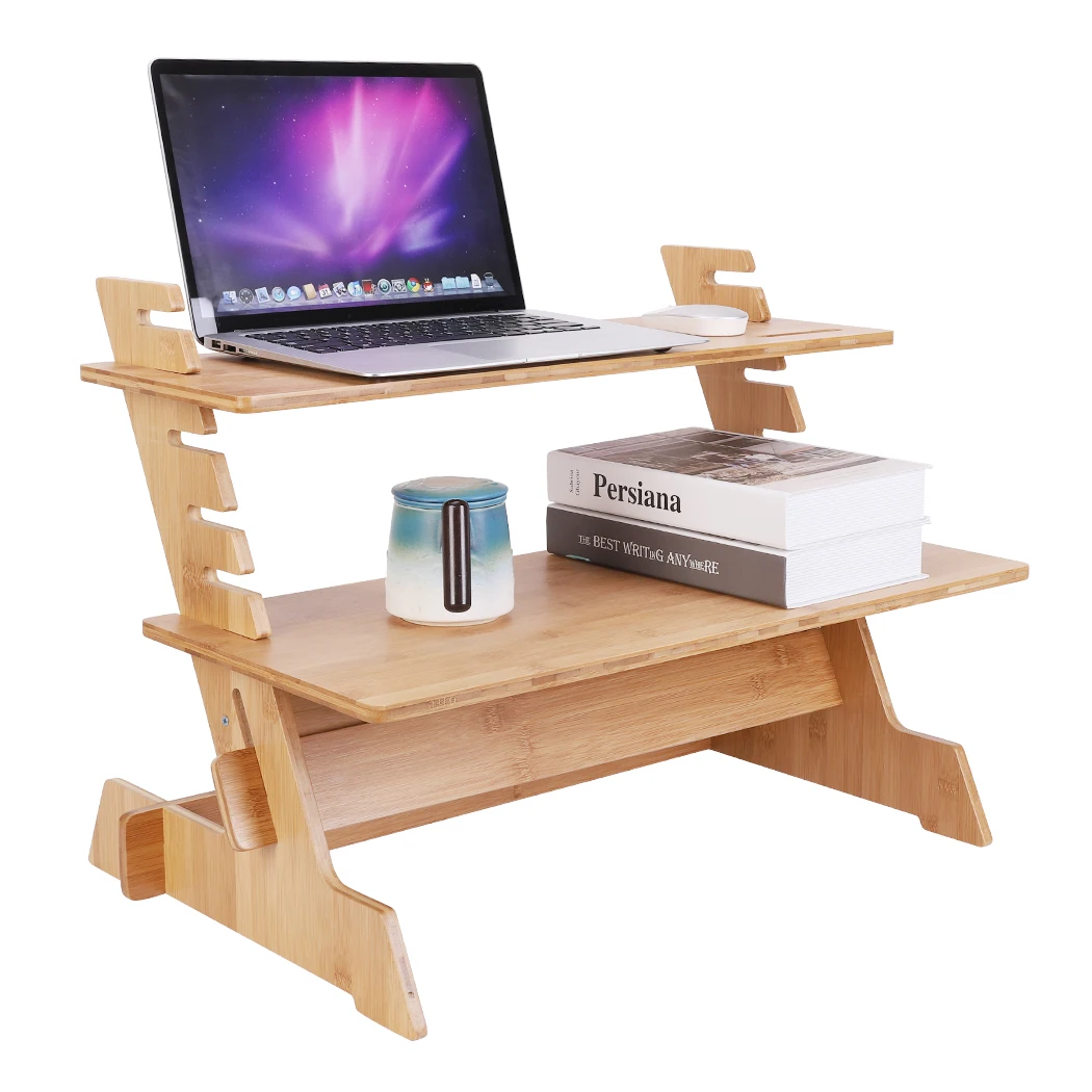 7 levels Adjustable Computer Monitor Riser 2 Tiers Desk Stand Bamboo