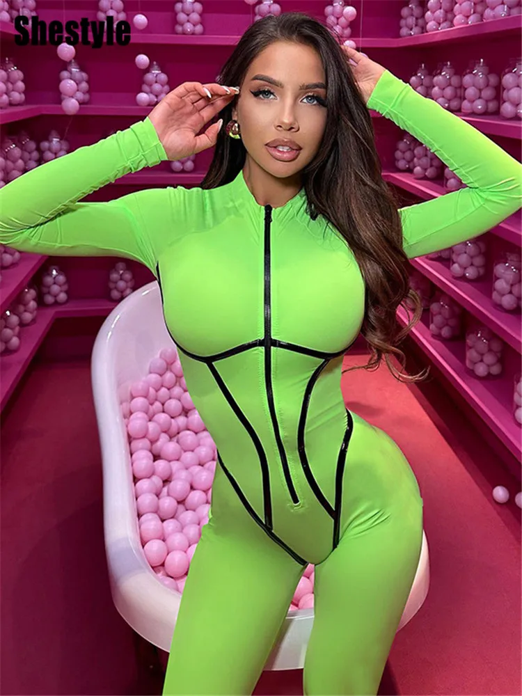 Shestyle Neon Green Bright Jumpsuits for Women Bodycon Zipper Fly Mock Neck 2024 Autumn Long Sleeve Sporty Casual Hot Fashion