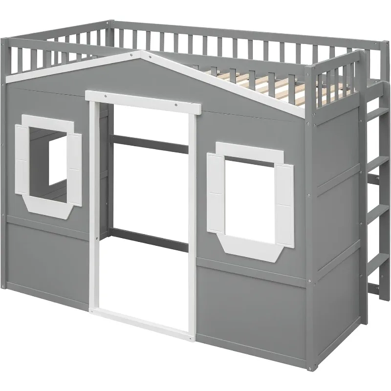 Wood House Loft Bed with Ladder, Kids Playhouse Bed with Window for Girls Boys